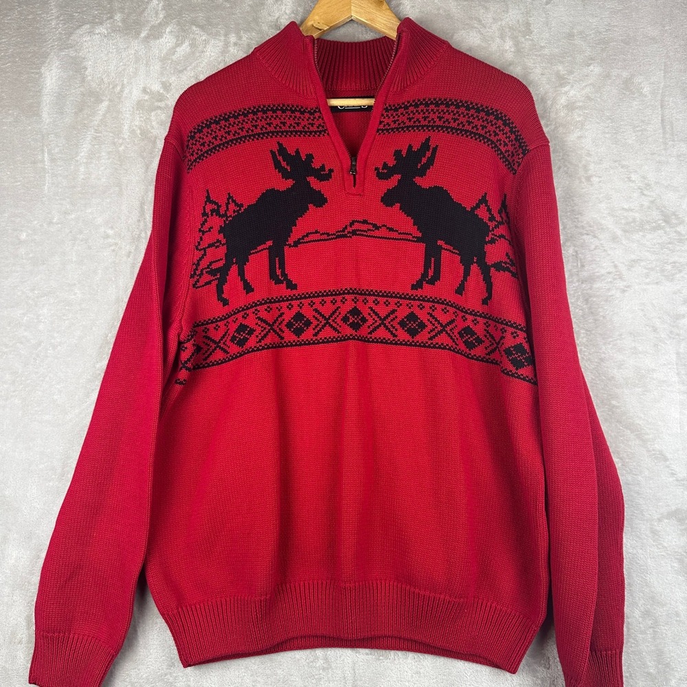 Chaps Mens XL Red‎ Moose Fair Isle Quarter Zip 100% Cotton Sweater 750765998001